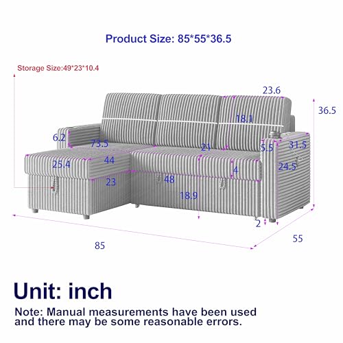 Corduroy Upholstered L-Shaped Sleeper Sectional Sofa Bed with Storage Chaise A41651