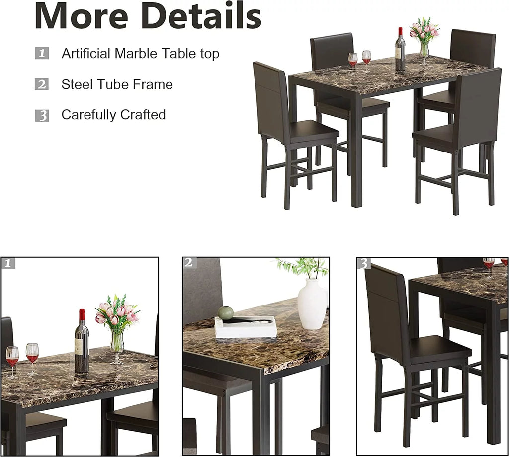 5 Piece Marble Dining Table Set with Faux Leather Metal Frame Chairs W656