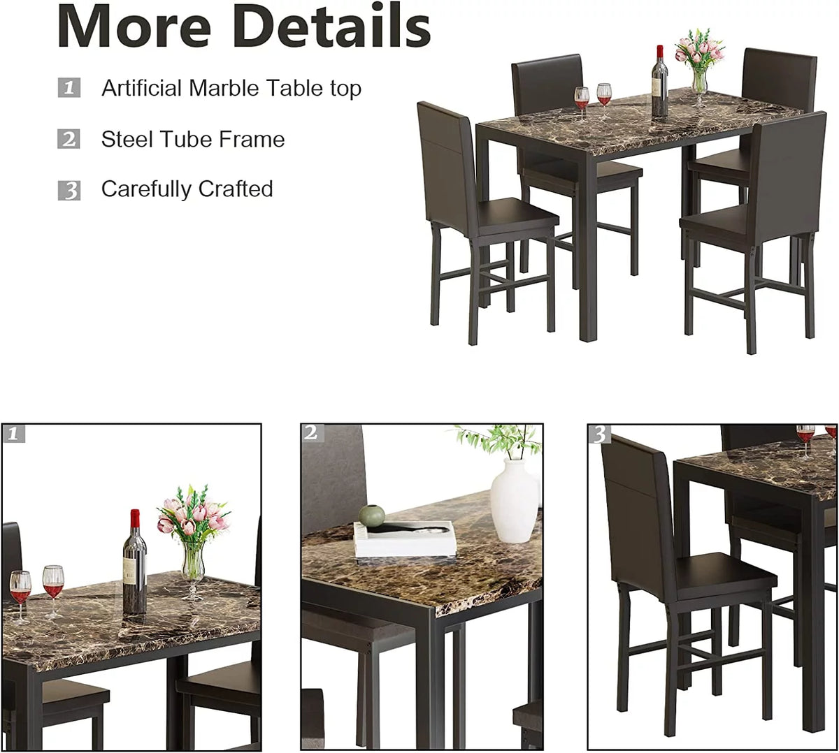 5 Piece Marble Dining Table Set with Faux Leather Metal Frame Chairs W656