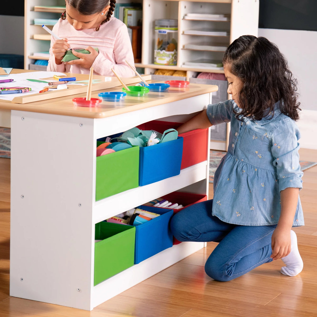 Kids Activity Table and Drawing Desk with Stools, Storage Canvas Bins, Paper Roller, and Paint Cups D49673