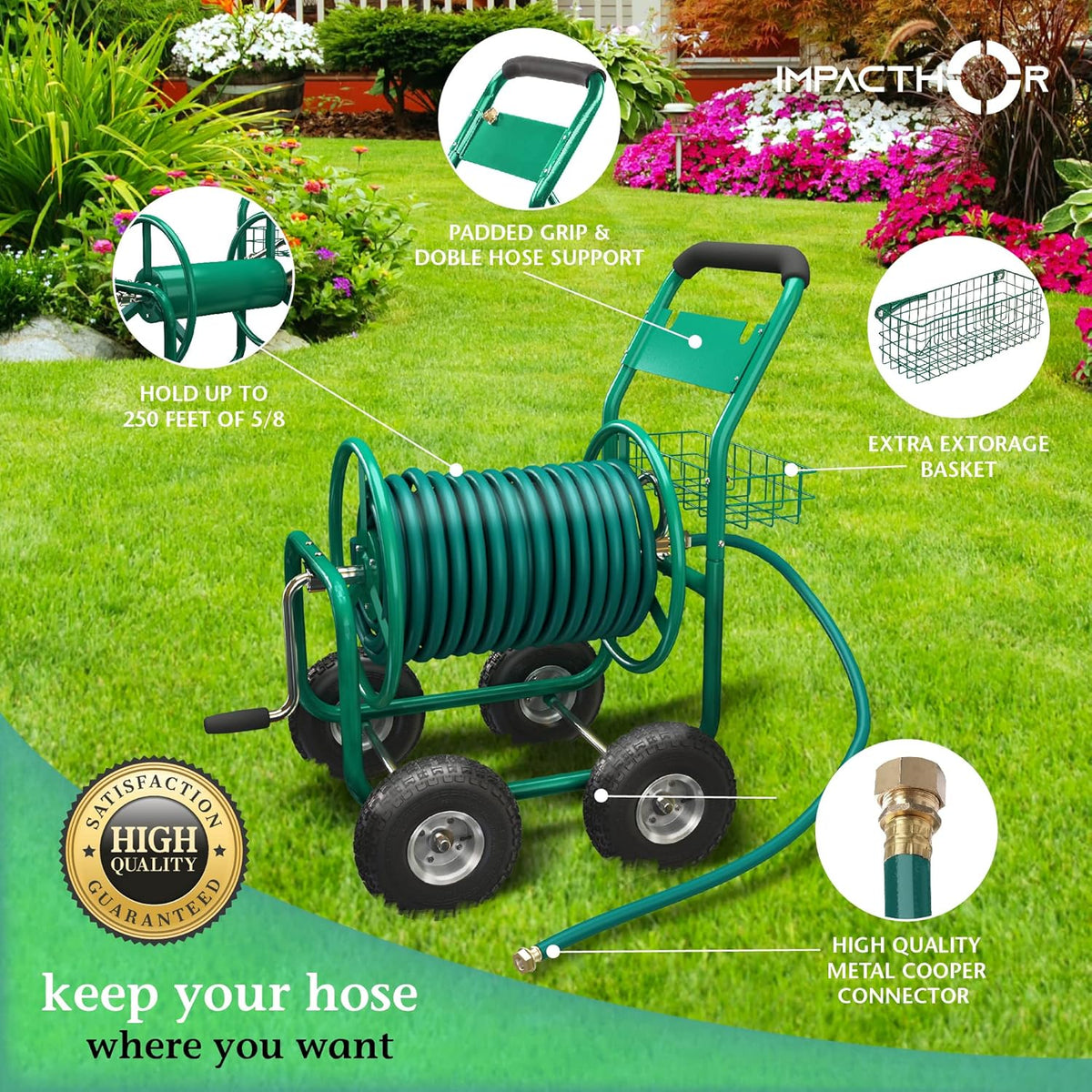 Garden Hose Reel Cart with Wheels, Heavy Duty, Waterproof Cover D765646