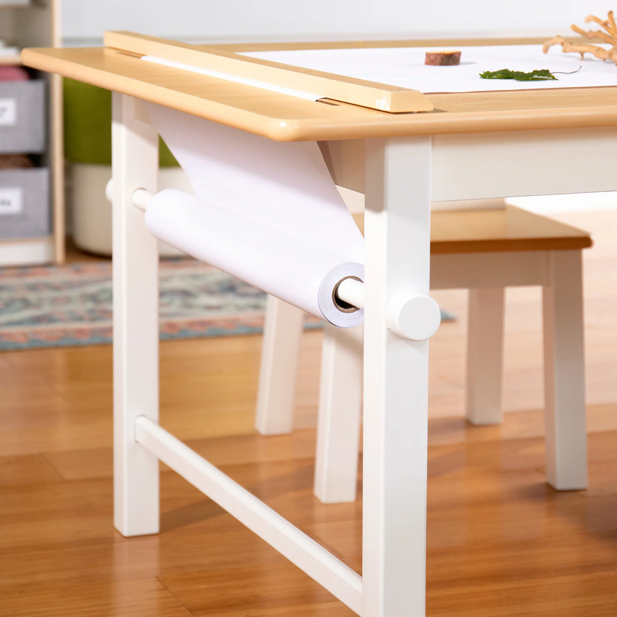 Kids Activity Table and Drawing Desk with Stools, Storage Canvas Bins, Paper Roller, and Paint Cups D49673