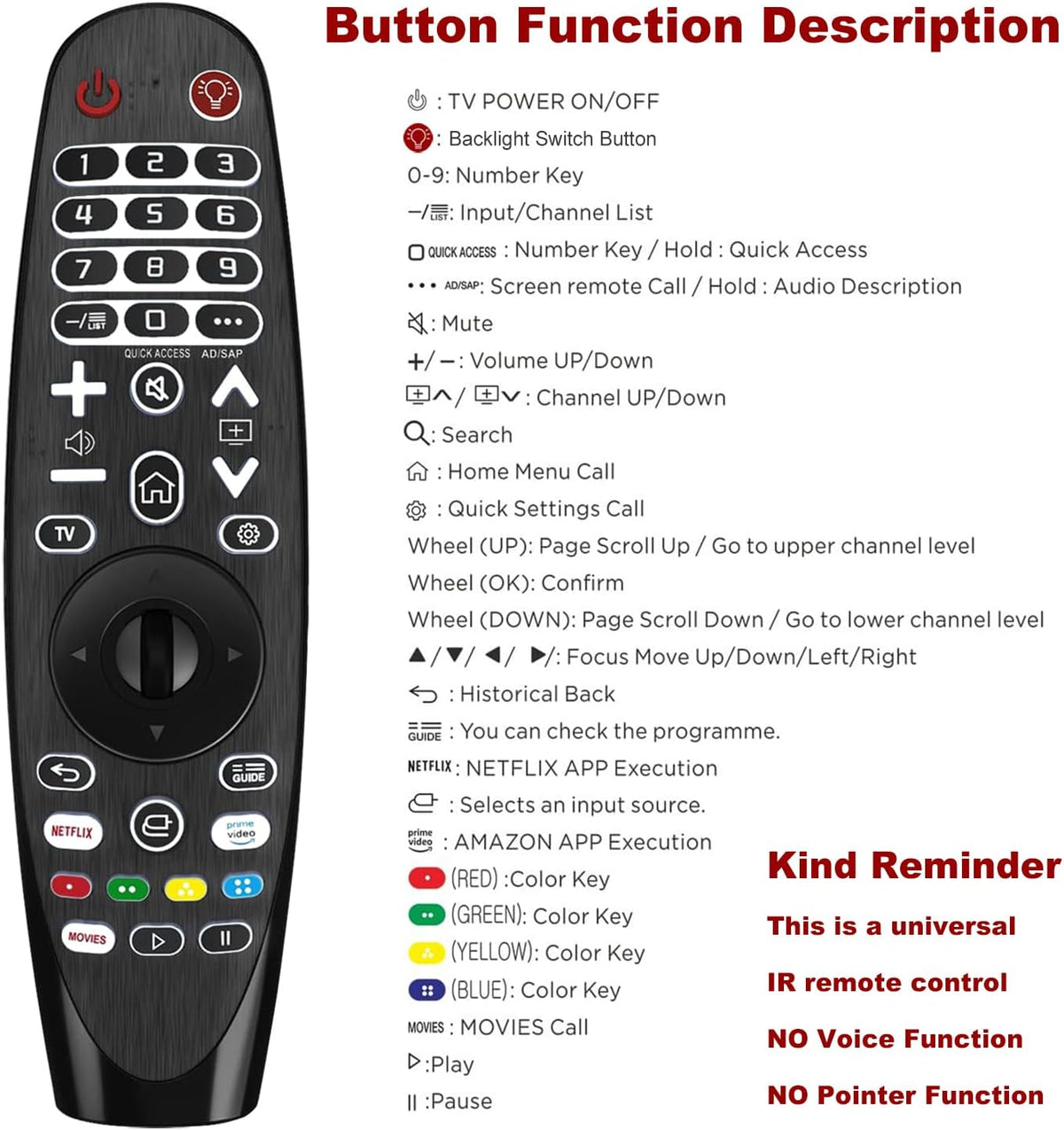 Universal Backlit Remote Control for LG Smart TVs H536