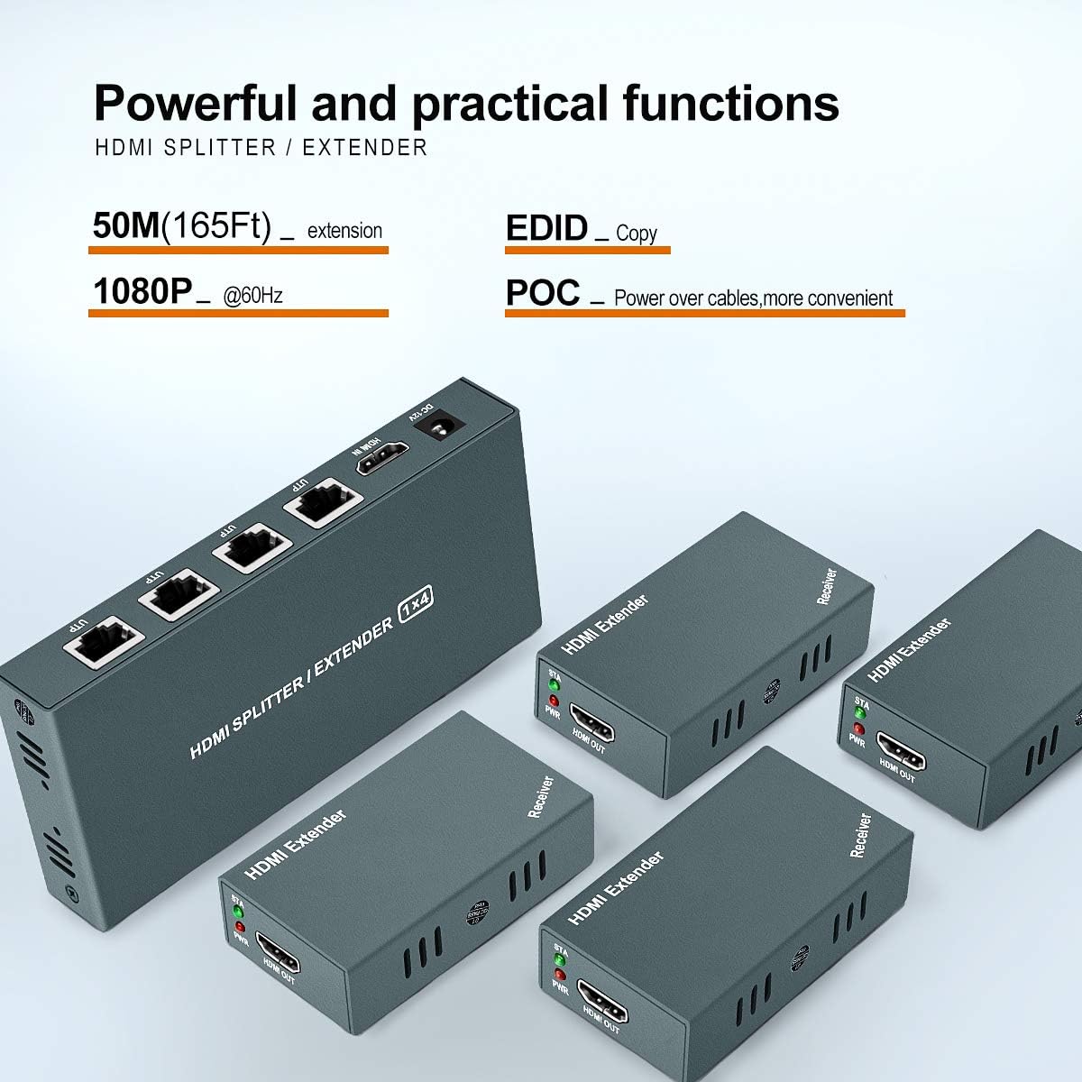 HDMI Extender Splitter 1x4, 1080P@60Hz, 165ft (50m) over CAT5e/CAT6/CAT7 Cable L41524