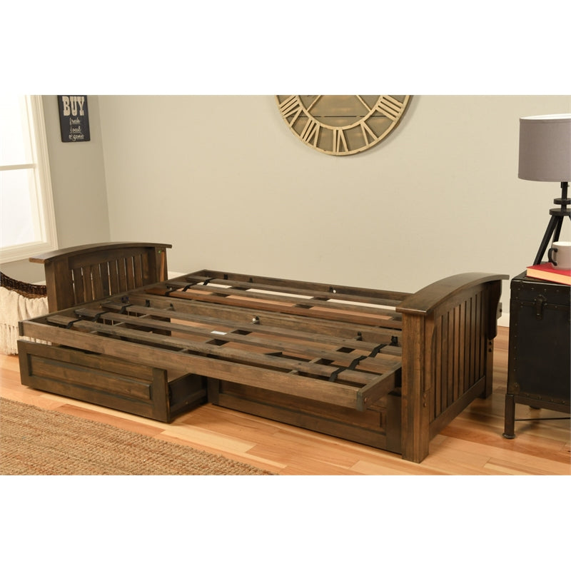 Walnut Futon with Drawers and Suede Blue Mattress C476642