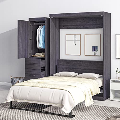 Full Size Grey Murphy Bed with Side Cabinet Storage H85773