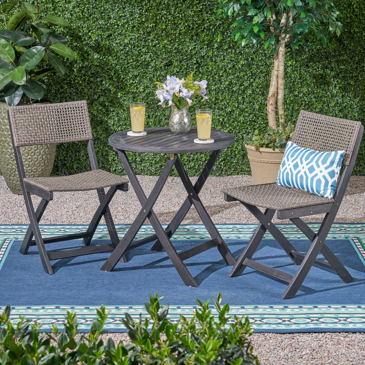Acacia Wood Wicker Foldable Bistro Set with Chairs and Table Dark Gray I555