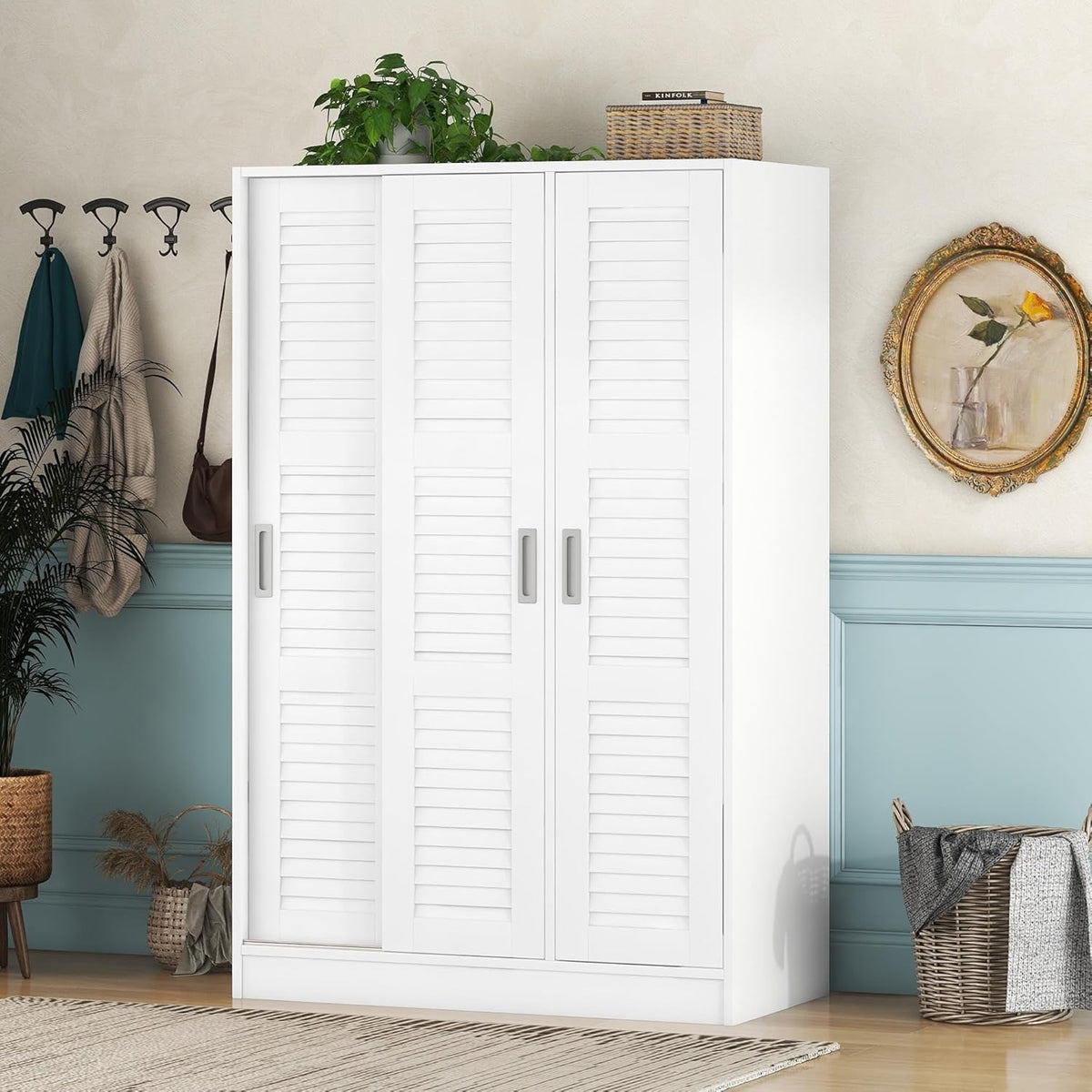 White 3 Doors Wood Wardrobe with Shelves and Hanging Rail C50773