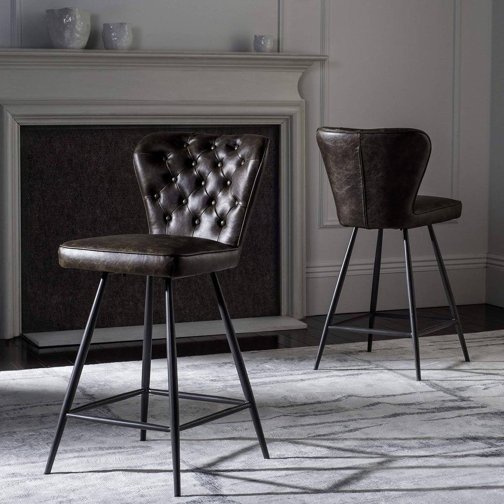 Leather Tufted Swivel Counter Stool in Brown - Set of 2 P628