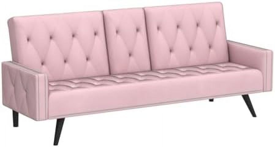 Pink Velvet Tufted Convertible Sleeper Sofa Bed with Cup Holder J23035