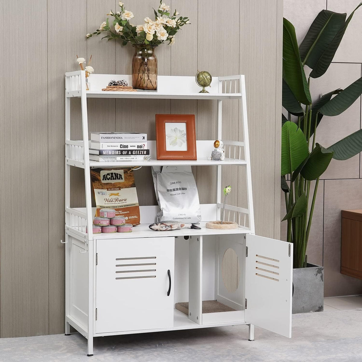 White Wooden Cat Litter Box Enclosure with 2 Doors Y328245