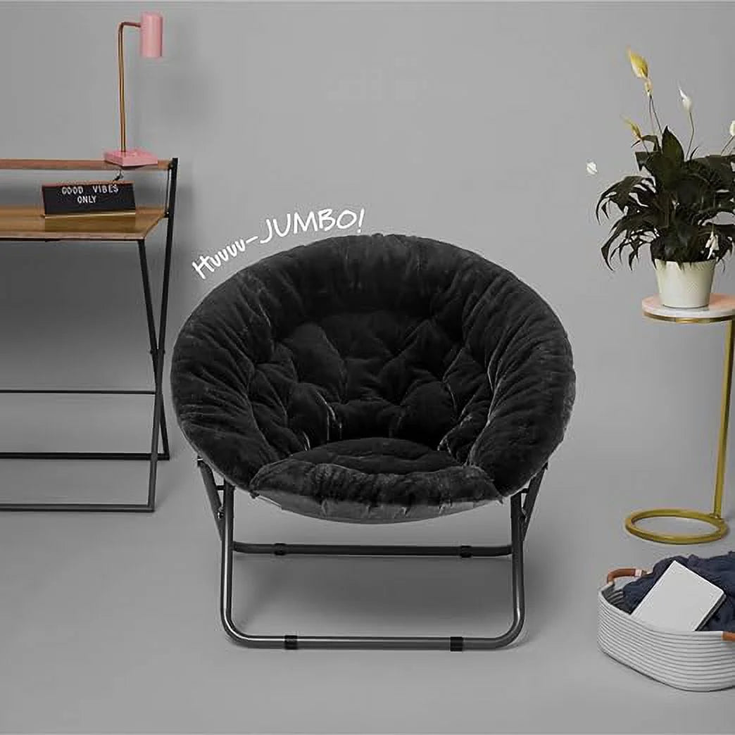 Black Oversized Faux Rabbit Fur Saucer Chair D910