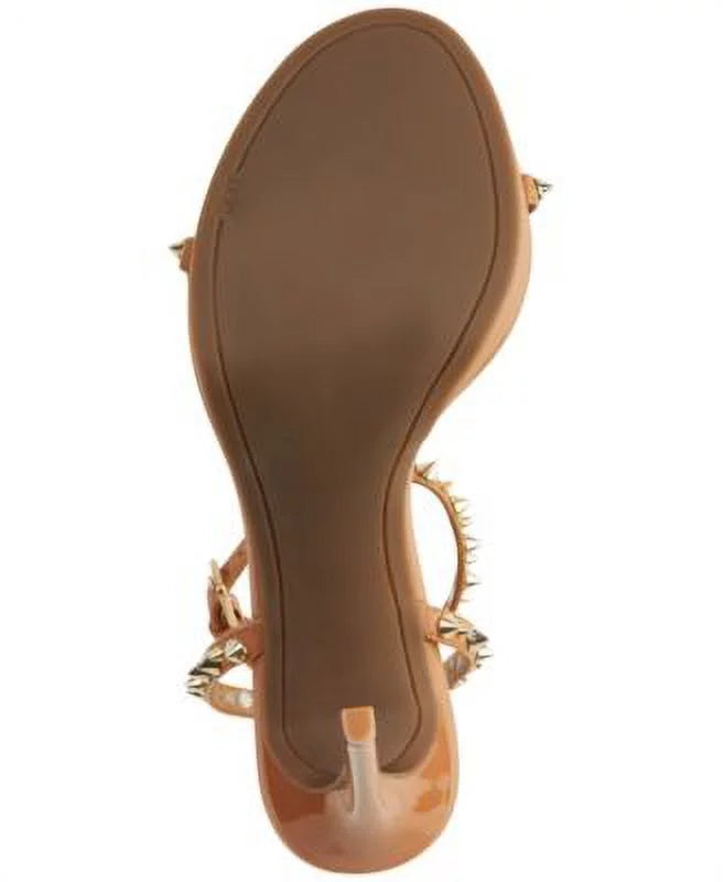 Beige Studded Leather Ankle Strap Heeled Sandal E362