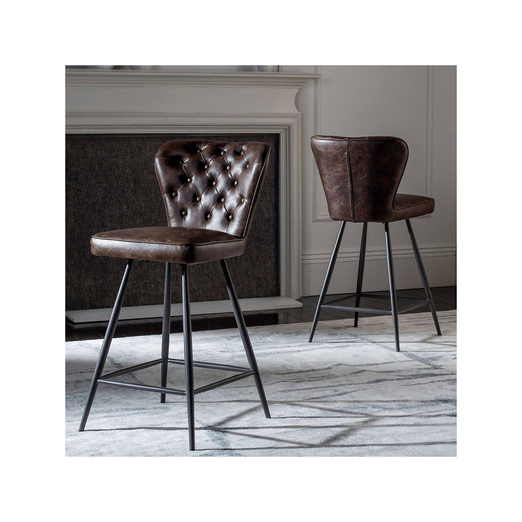 Leather Tufted Swivel Counter Stool in Brown - Set of 2 P628