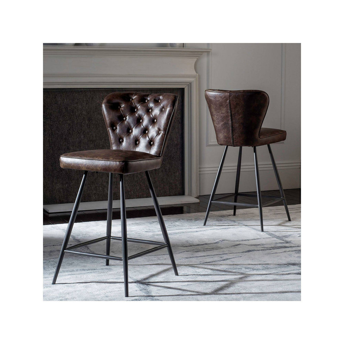 Leather Tufted Swivel Counter Stool in Brown - Set of 2 P628
