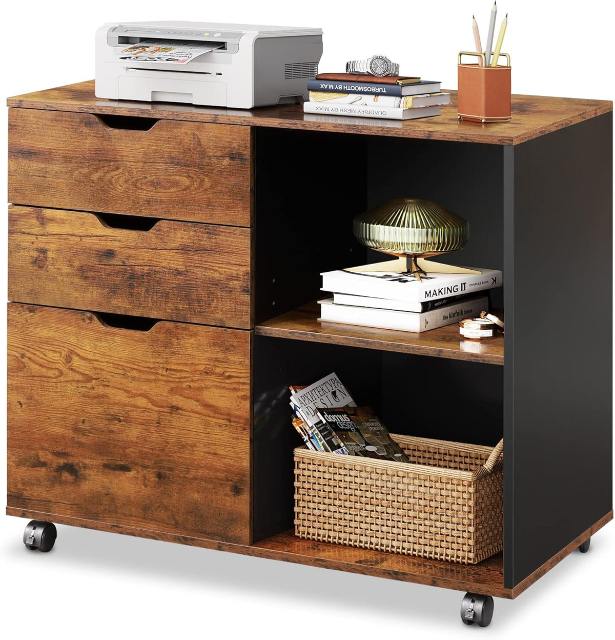 White 3-Drawer Mobile Wood File Cabinet with Open Storage Shelves J5002