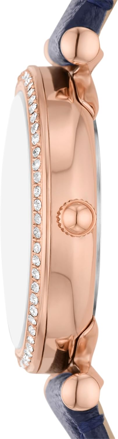 Rose Gold Navy Stainless Steel and Leather Three-Hand Watch Y439
