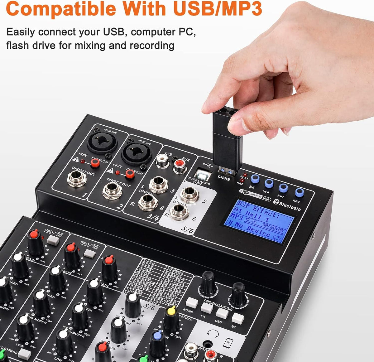 6 Channel Sound Mixer with USB MP3 Wireless Input 48V Phantom Power U363079