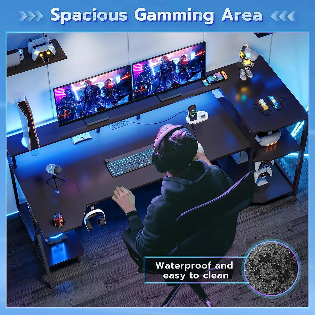 70.8'' Black Computer Desk with LED Lights and Storage Shelves H635681