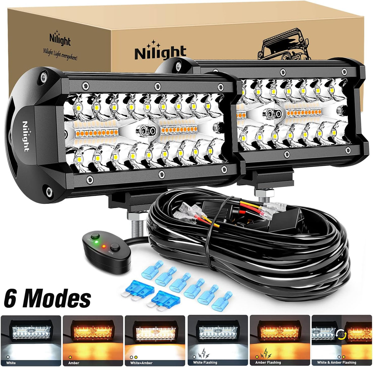 2PCS 6.5 Inch 120W LED Light Bar Amber White Strobe 6 Modes with 16AWG Wiring Harness Kit P275