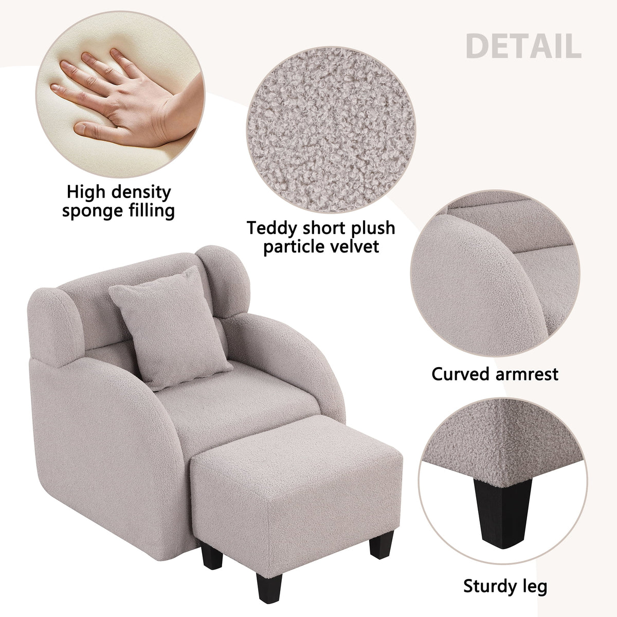 Grey Teddy Short Plush Swivel Accent Chair with Ottoman W8852