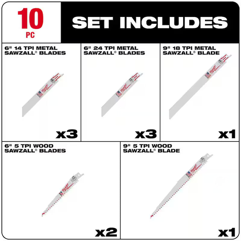Wood and Metal Cutting Bi-Metal Reciprocating Saw Blade Set (10-Piece) S844