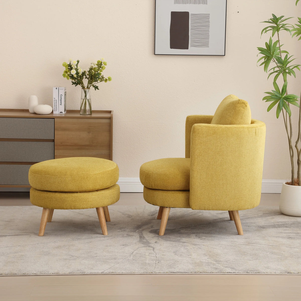 Accent Chair with Ottoman Upholstered Armchair with Wooden Leg and Throw Pillow B2254