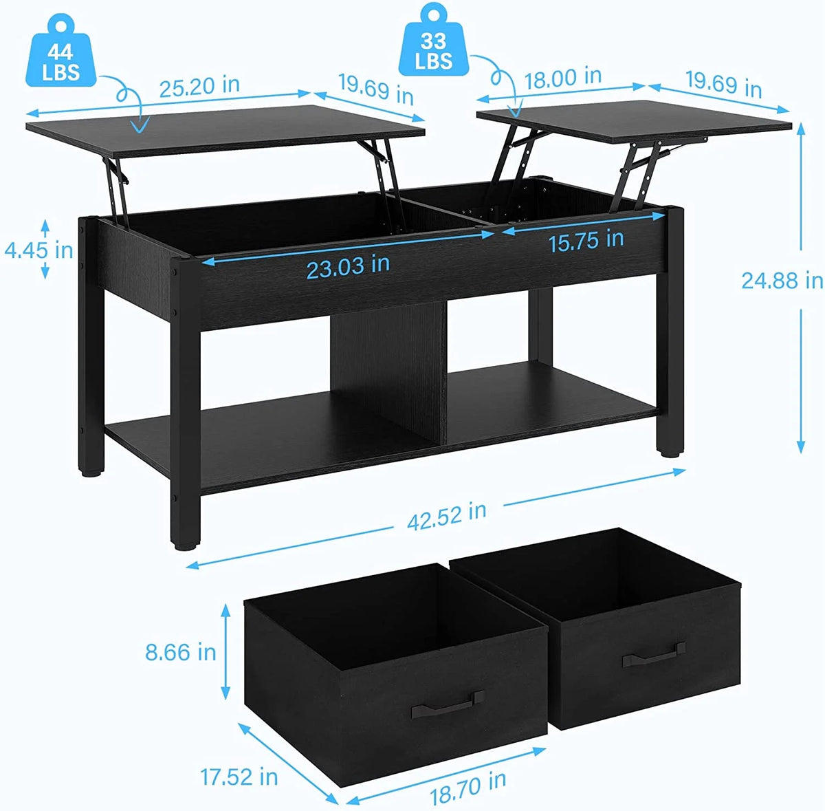 Lift Top Coffee Table with 2 Drawers and Open Side Shelf V278