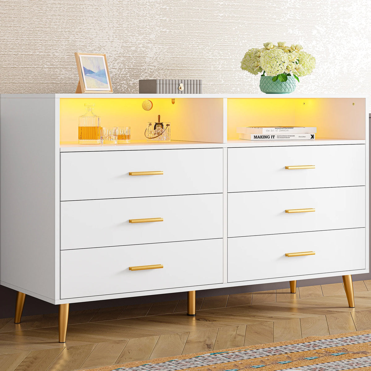 White 6 Drawer Dresser with LED Lights K619391