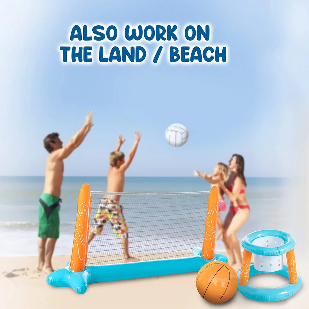 Light Blue Inflatable Pool Volleyball Set with 2 Balls and Basketball Hoops H27381