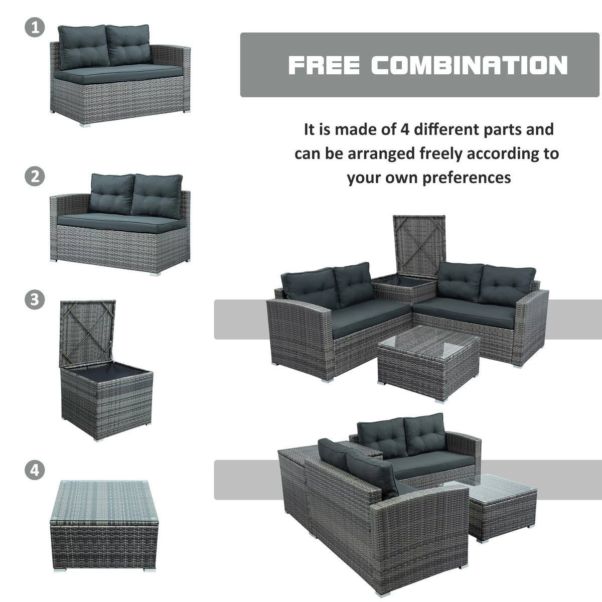 4 Pcs Wicker Patio Conversation Sofa Set with Storage Box & Table W38409