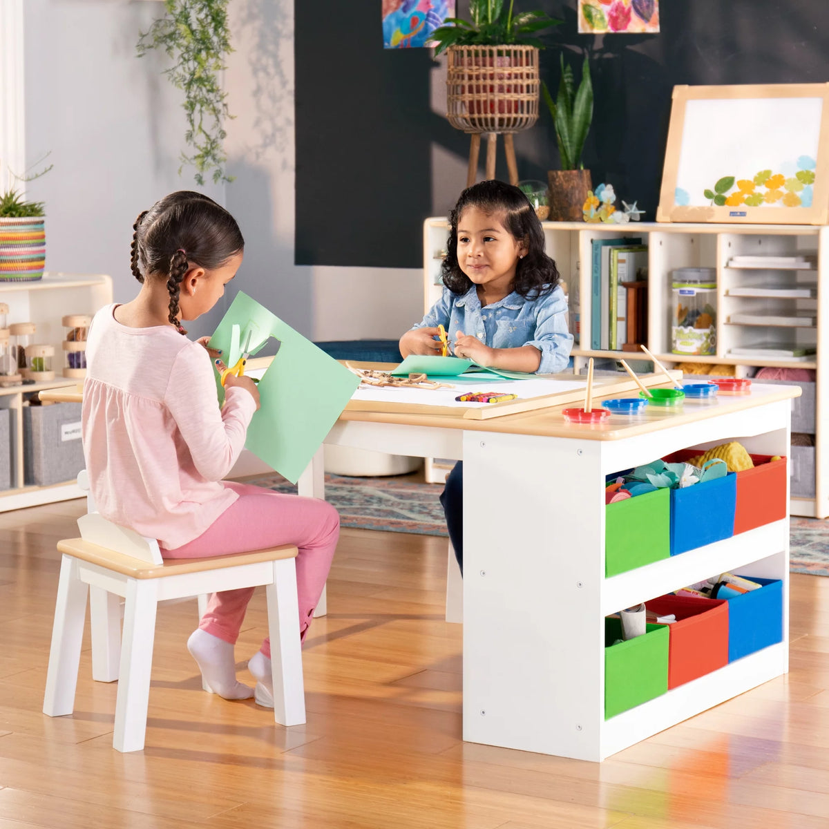 Kids Activity Table and Drawing Desk with Stools, Storage Canvas Bins, Paper Roller, and Paint Cups D49673