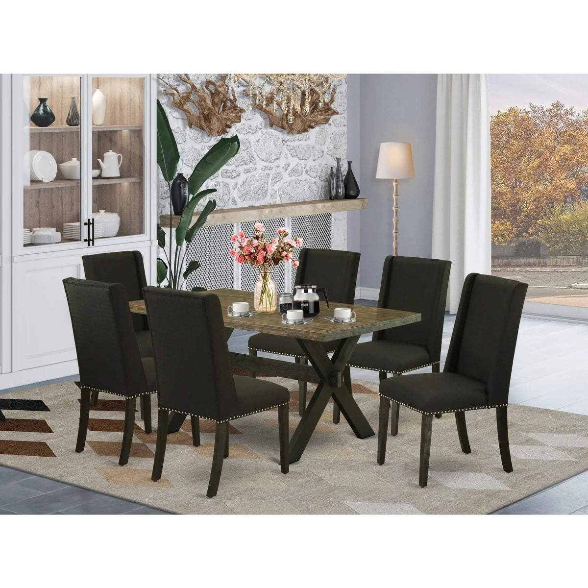 7-Piece Solid Wood Dinette Set with 6 Parson Chairs and Dining Table X7669