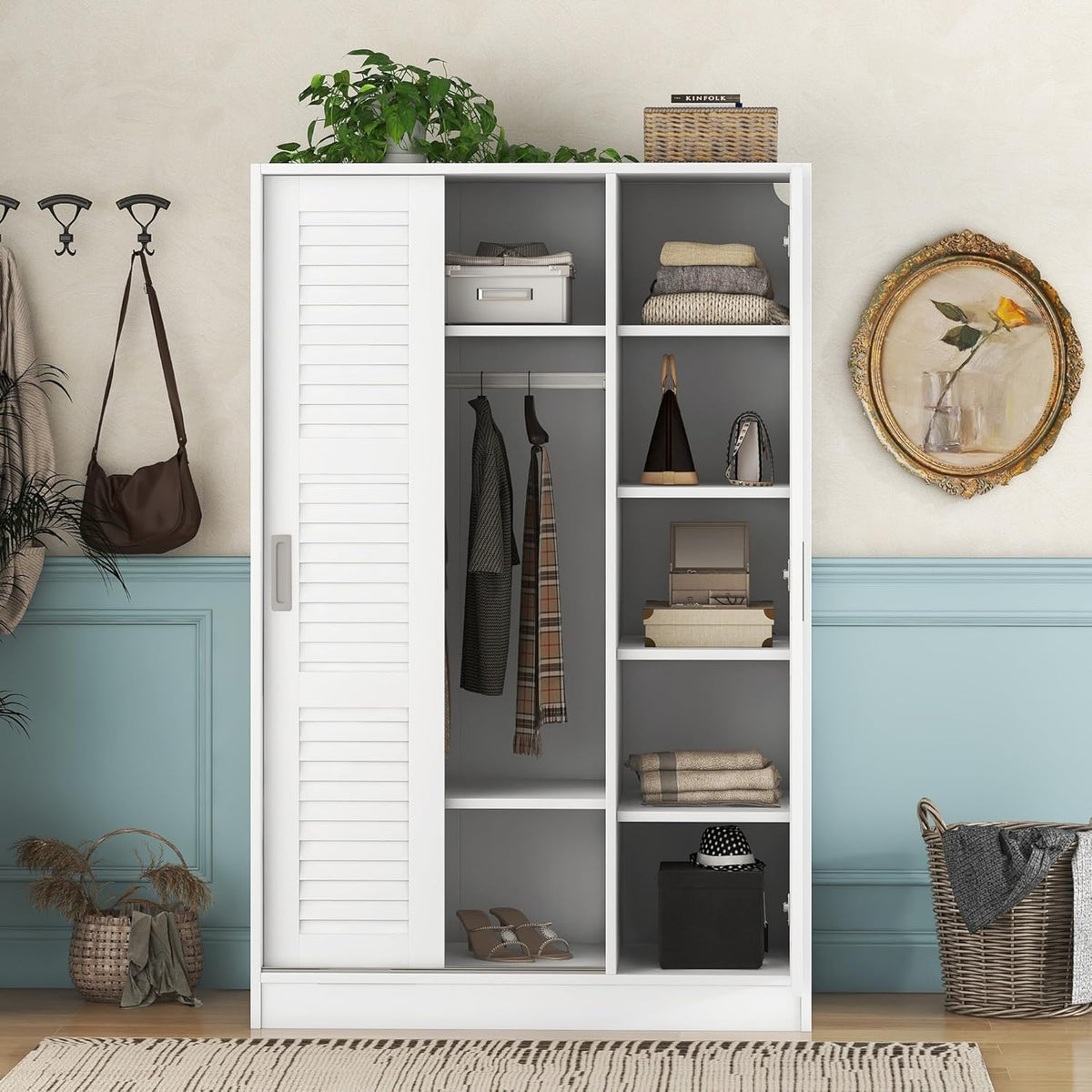 White 3 Doors Wood Wardrobe with Shelves and Hanging Rail C50773