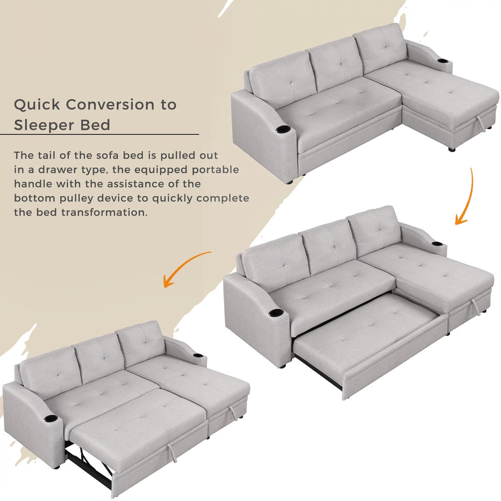 Gray Velvet L-Shape Sectional Sofa with Pull-Out Sleeper S1574