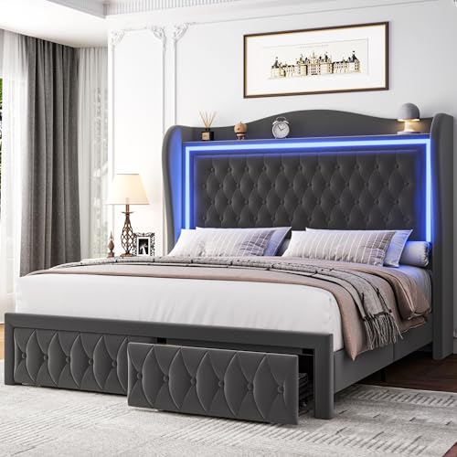 Beige Velvet Upholstered Queen Bed Frame with 2 Storage Drawers T52677