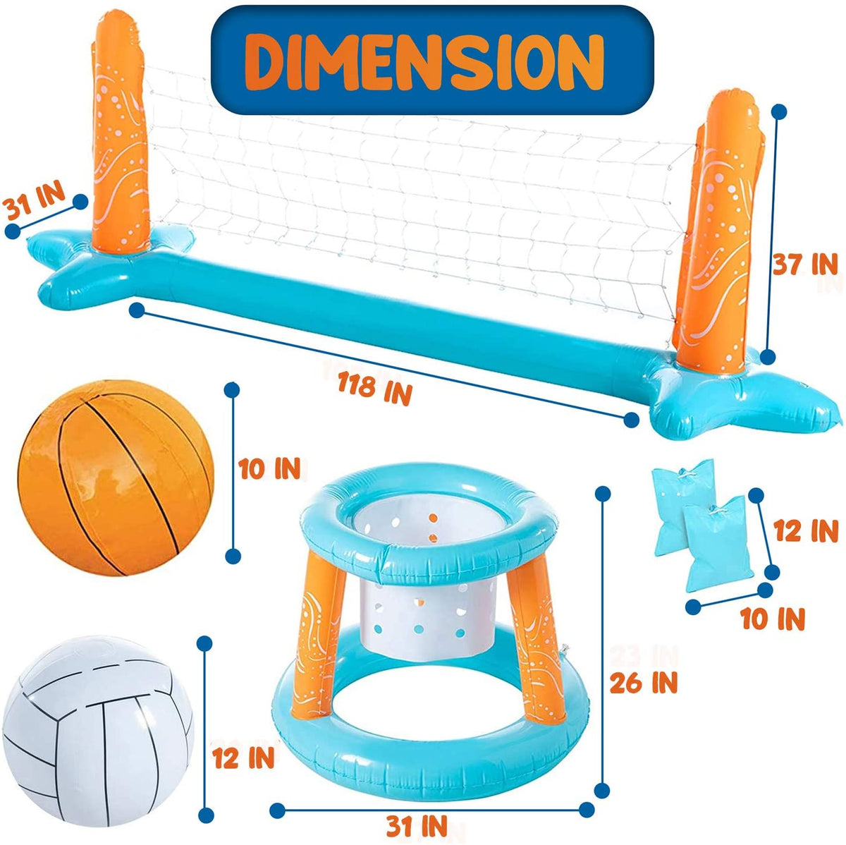 Light Blue Inflatable Pool Volleyball Set with 2 Balls and Basketball Hoops H27381