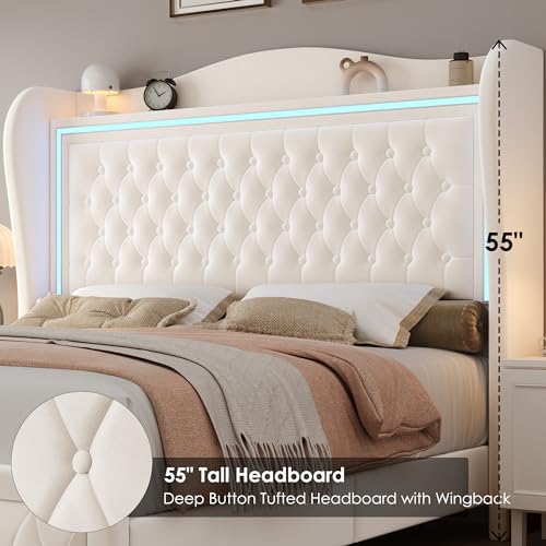 Beige Velvet Upholstered Queen Bed Frame with 2 Storage Drawers T52677