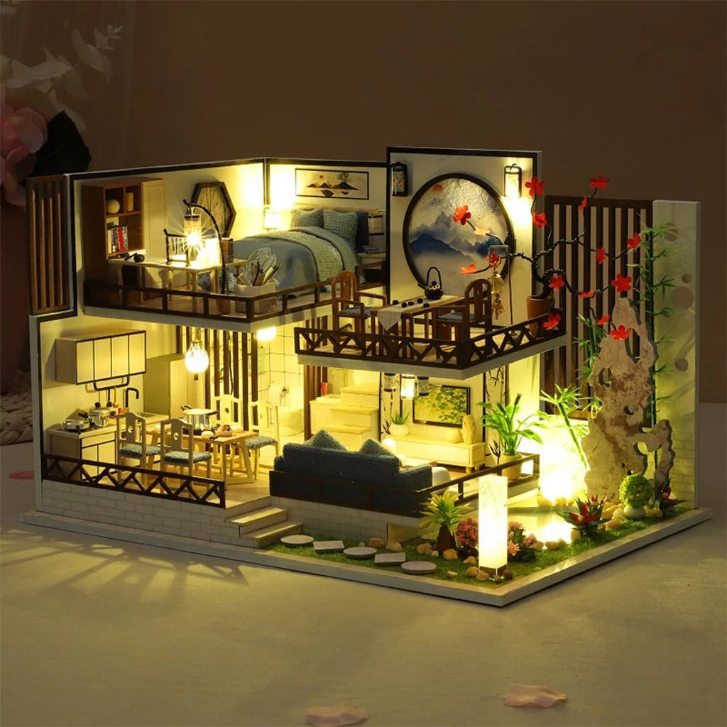 Miniature Wood Dollhouse with Furniture and Dustproof Cover X6273