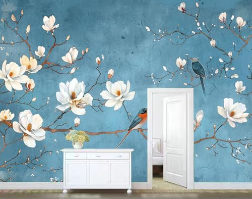 Beige Nordic Flowers Birds Wall Mural Wallpaper H465358