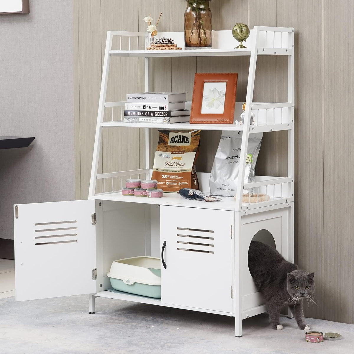 White Wooden Cat Litter Box Enclosure with 2 Doors Y328245