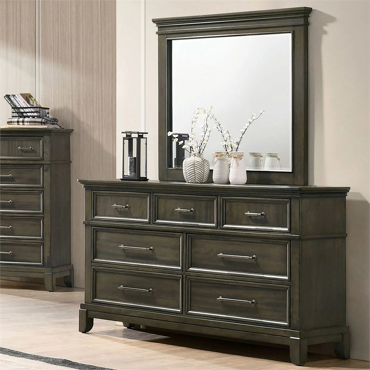 Gray Wood 7-Drawer Dresser with Mirror V76809