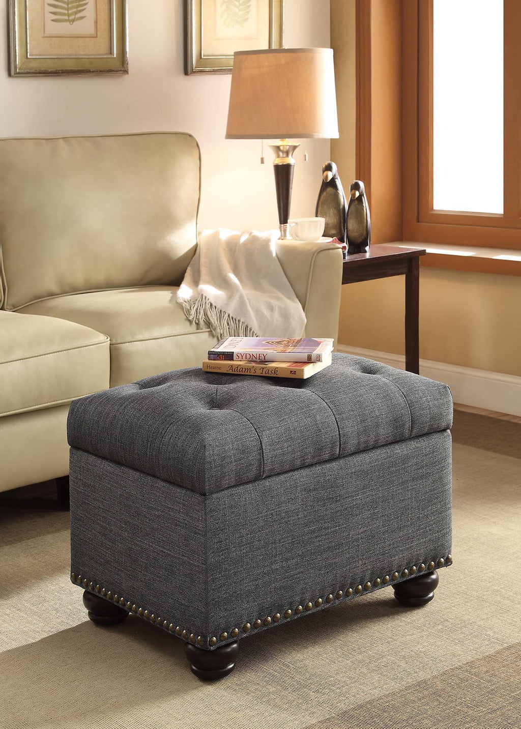 Dark Charcoal Gray Fabric Storage Ottoman P1055