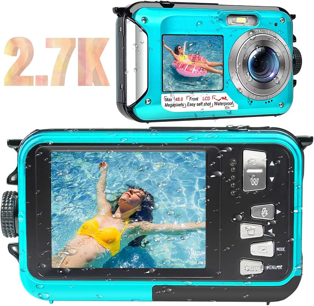 Green 48MP Waterproof Digital Camera 2.7K Video Dual Screen 16X Digital Zoom Flashlight 10 Feet Waterproof Pack of 2 F512265