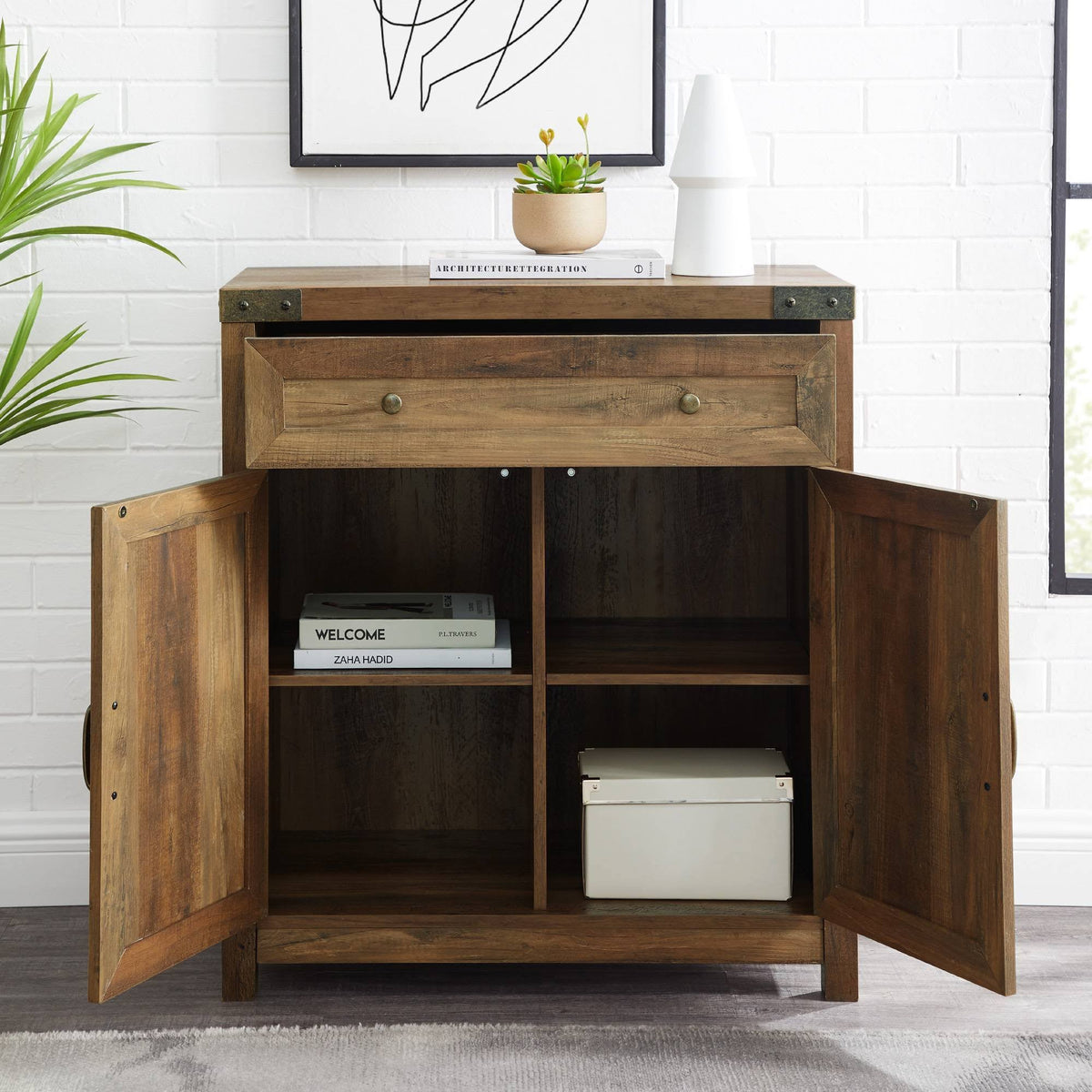 Rustic Farmhouse Barn Door Accent Cabinet Brown N65937