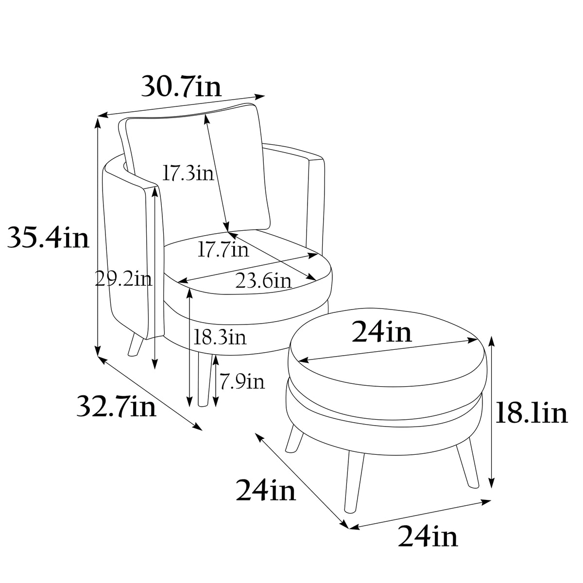 Accent Chair with Ottoman Upholstered Armchair with Wooden Leg and Throw Pillow B2254
