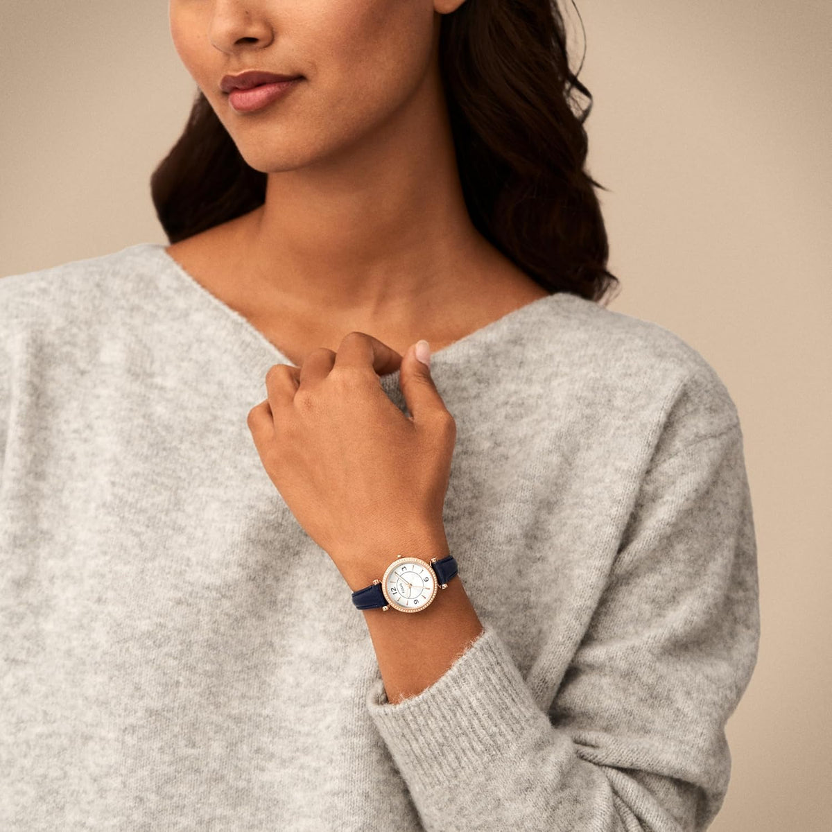 Rose Gold Navy Stainless Steel and Leather Three-Hand Watch Y439