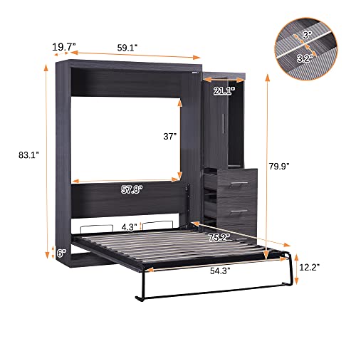 Full Size Grey Murphy Bed with Side Cabinet Storage H85773
