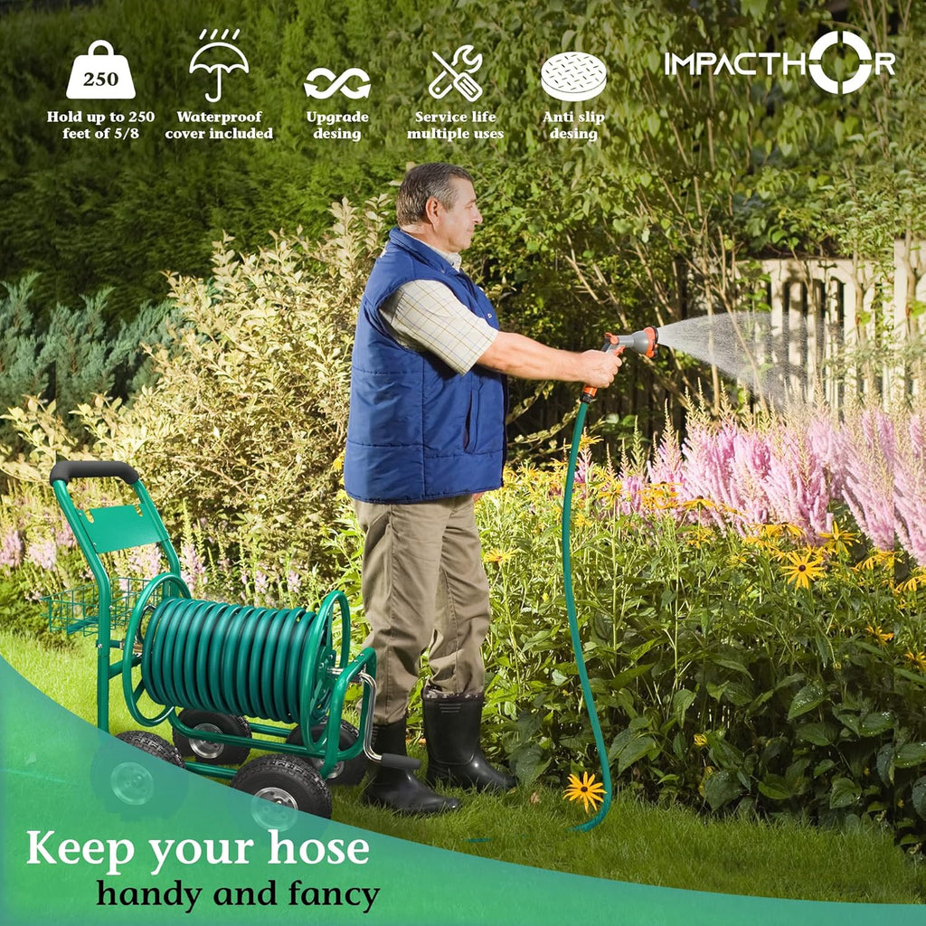 Garden Hose Reel Cart with Wheels, Heavy Duty, Waterproof Cover D765646