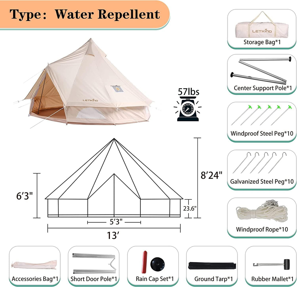 Canvas Bell Tent with Stove Jack, 4 Season Waterproof Cotton Camping Tent M650